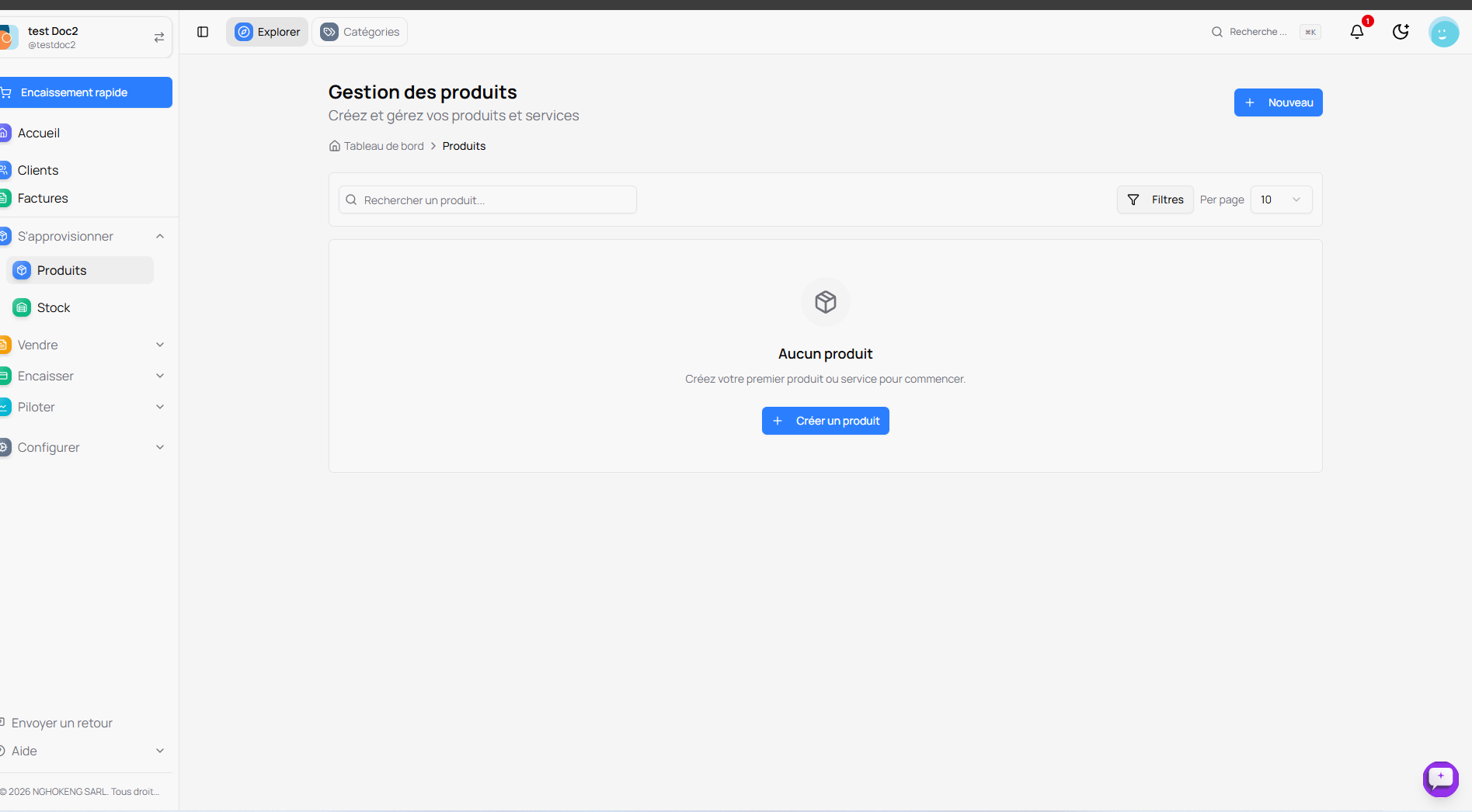 Page de gestion des produits